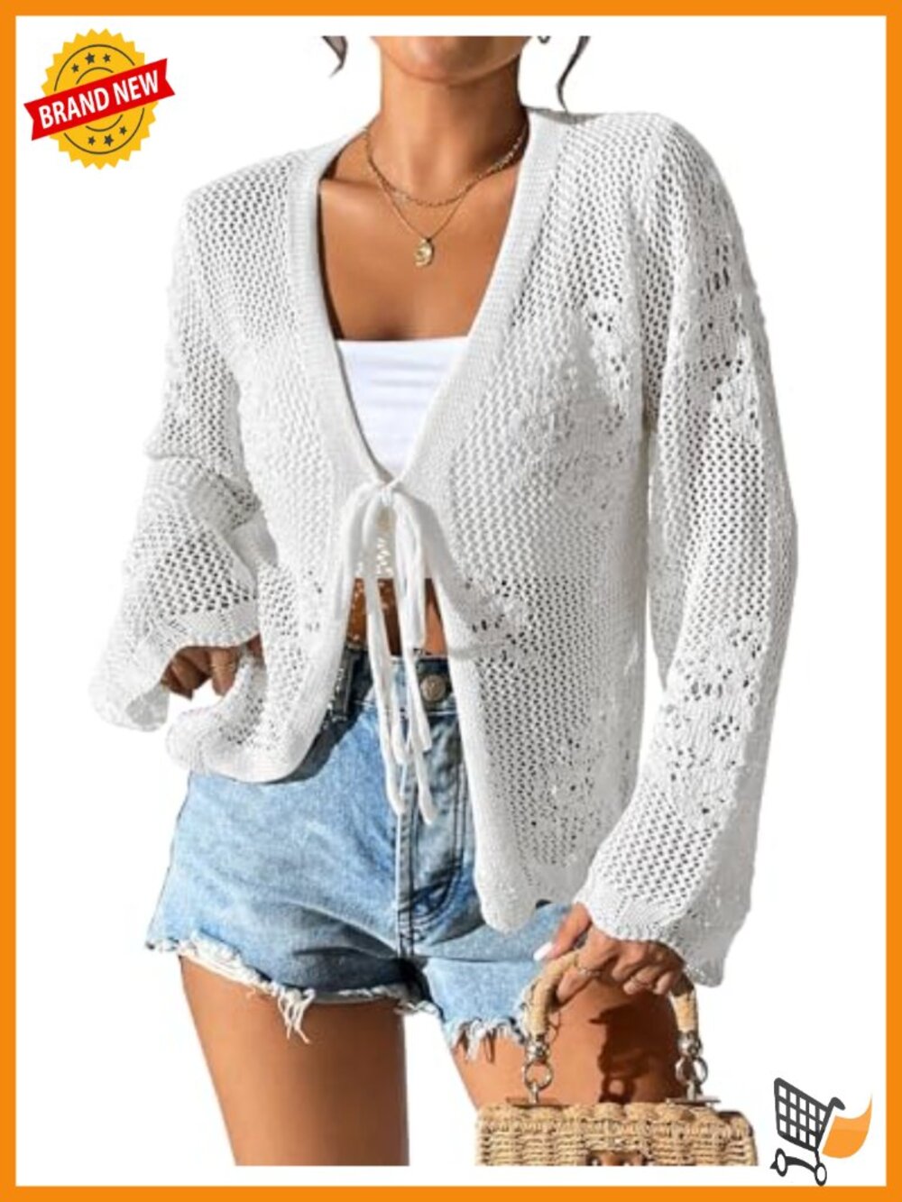 Lightweight Tie Front Crochet Hollow Out Long Sleeve Knit Cardigan Summer Cover
